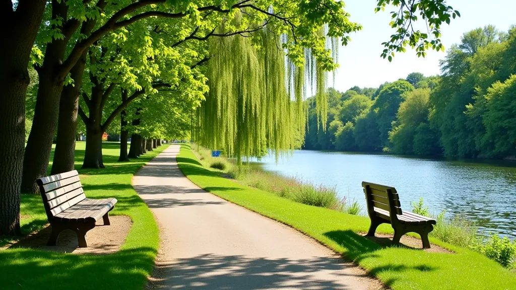 Vēcumnieku parks ar soļiem un kokiem gar Lielupas krastu, senioru draudzīga vieta