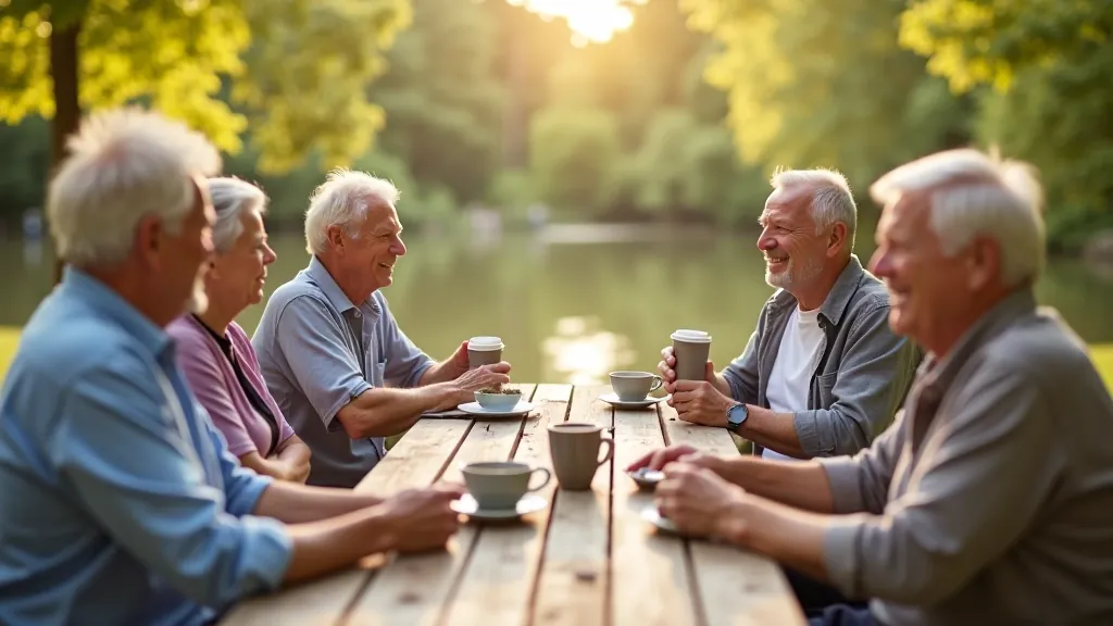 Grupa senioru braucēju atpūšas pie piknika galda, smēķējošas kafijas krūzes un smaidu sejas