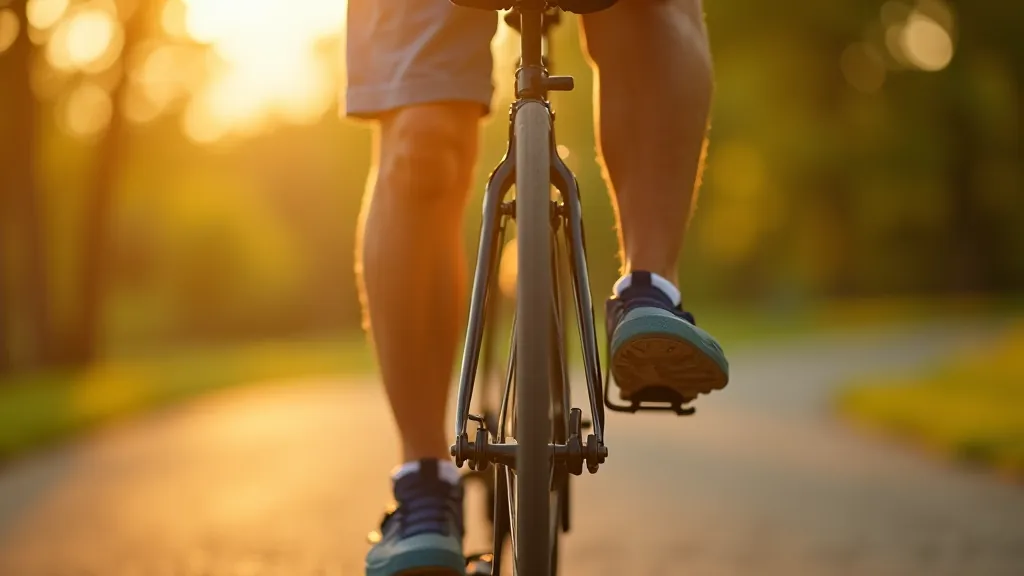 Seniora kājas uz velosipēda pedāļiem, iesēdies komfortablā sēdeklī, pēdējo stundu gaismā